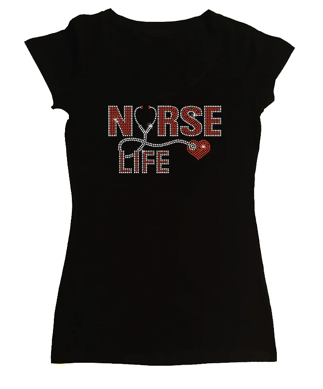 Women's Rhinestone Fitted Tight Snug Shirt " Nurse Life w/ Stethoscope & Heart " in S, M, L, 1X, 2X, 3X Front Pockets Side Pockets Patch Pockets