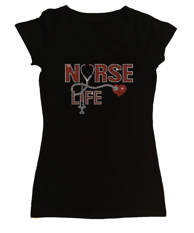 Women's Rhinestone Fitted Tight Snug Shirt " Nurse Life w/ Stethoscope, Syringe & Heart " in S, M, L, 1X, 2X, 3X Lace Blend Ribbed Blend Corduroy Blend