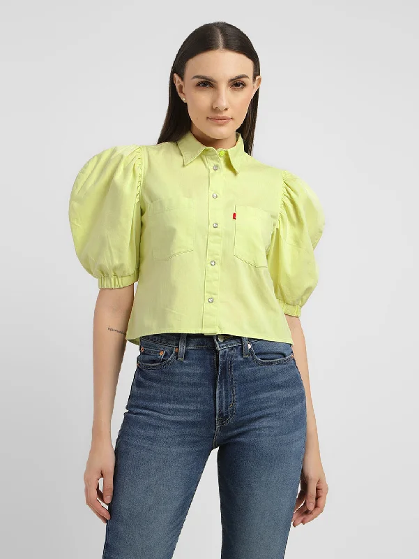 Women's Solid Spread Collar Shirt Welt Pockets Slit Pockets