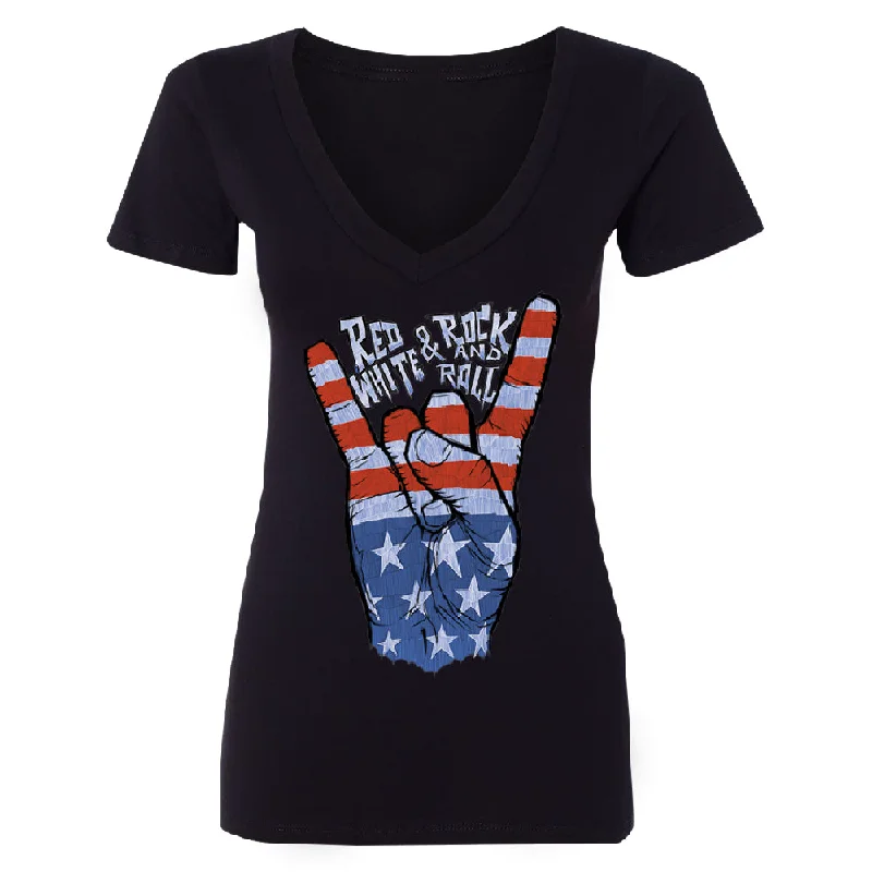 Zexpa Apparelâ„¢ RWB Peace, USA Flag Rock and Roll Women's Deep V-neck 4th of July USA Tee Oversized T-Shirt Spandex breathable