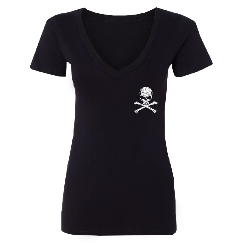 Zexpa Apparel™ Pocket Design - Skull and Crossbones Women's Deep V-neck Souvenir Tee Beaded Sequined Faux Fur