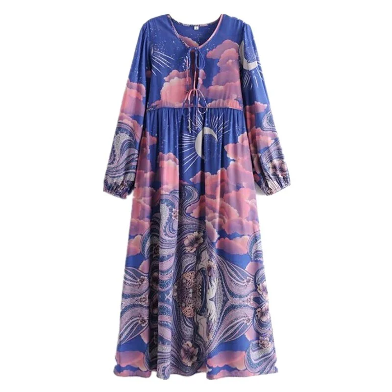 Moonstruck Boho Floral Print Long Sleeve Maxi Dress Elegant Silk Maxi Dress