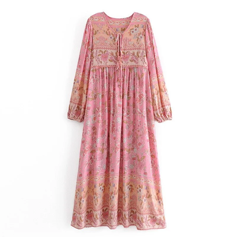 Posy Lane Boho Floral Print Long Sleeve Maxi Dress Fashionable Chiffon Maxi Dress