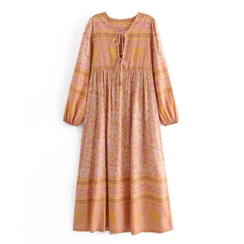 Apricot Lane Boho Floral Print Long Sleeve Maxi Dress Stylish Maxi Dress with Frills