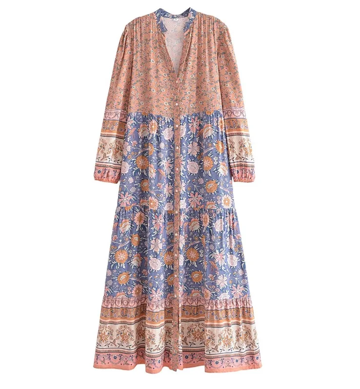 Blue Lovebirds Boho Floral Print Long Sleeve Maxi Dress Comfortable Fit-and-Flare Maxi Dress