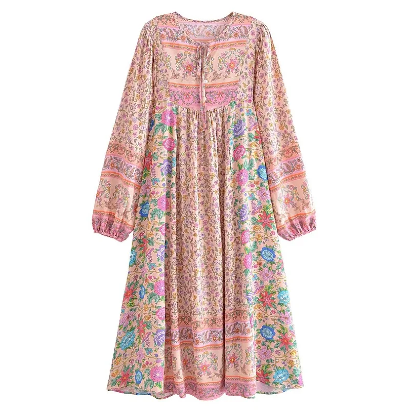 Pink Wonderland Boho Floral Print Long Sleeve Maxi Dress Cozy Knit Maxi Dress