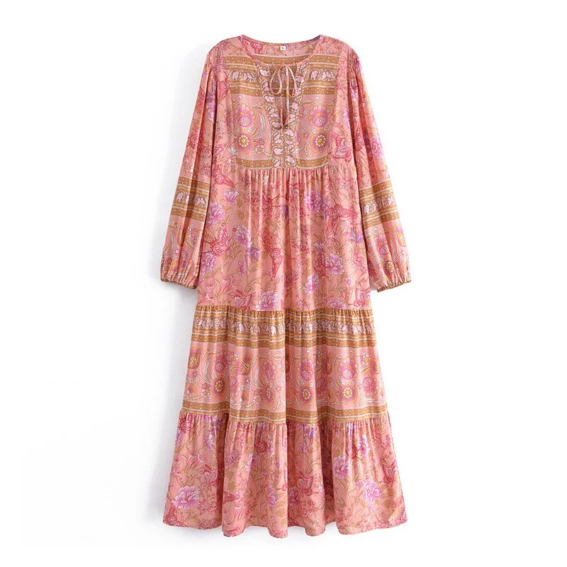 Pink Butterfly Boho Floral Print Long Sleeve Maxi Dress Stylish Pleated A-Line Maxi Dress