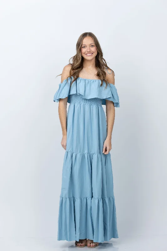 Alice + Olivia Kia Off the Shoulder Tiered Maxi Dress in Mineral Blue Stylish Empire Waist Maxi Dress