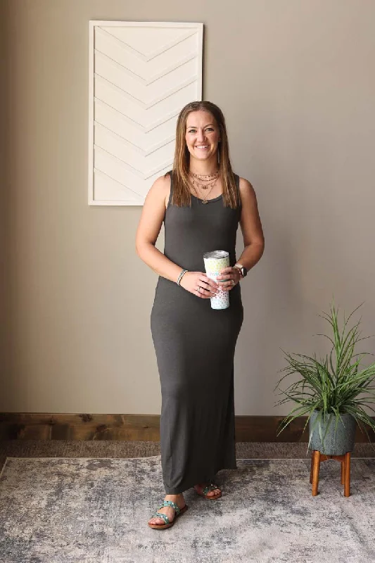 Ash Grey Sleeveless Scoop Neck Maxi Dress, S-3XL PLUS Elegant Maxi Dress with Pockets