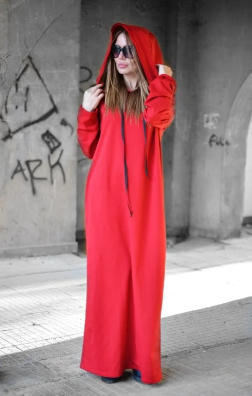 Autumn Red Hooded  Maxi Dress IREN Fashionable Sheer Maxi Dress