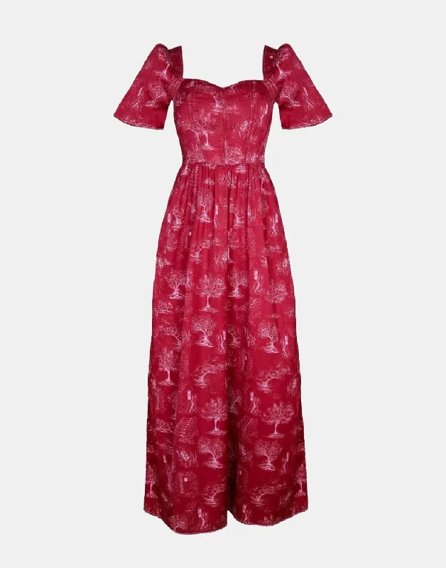 Beatrice Maxi Dress With Sweetheart Neckline / Ruby Red + Alabaster Cotton Toile Trendy Printed Maxi Dress