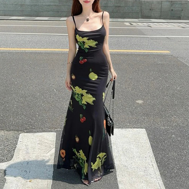 Black Backless Maxi Dress Women's Summer Streetwear Classic Tulle Maxi Dress