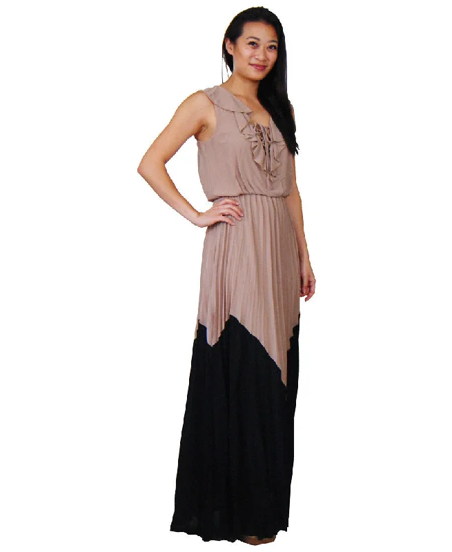 Black Mocha Chevron Ruffle String Maxi Dress Trendy Maxi Dress with Belt