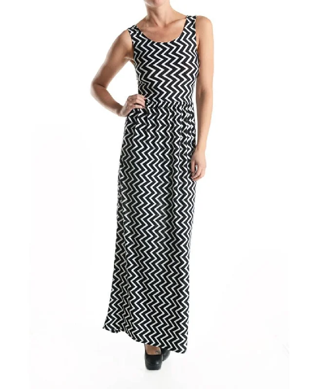 Maxi Dress Sleeveless Colorblock Black White Zig Zag Comfortable Maxi Dress with Sleeves