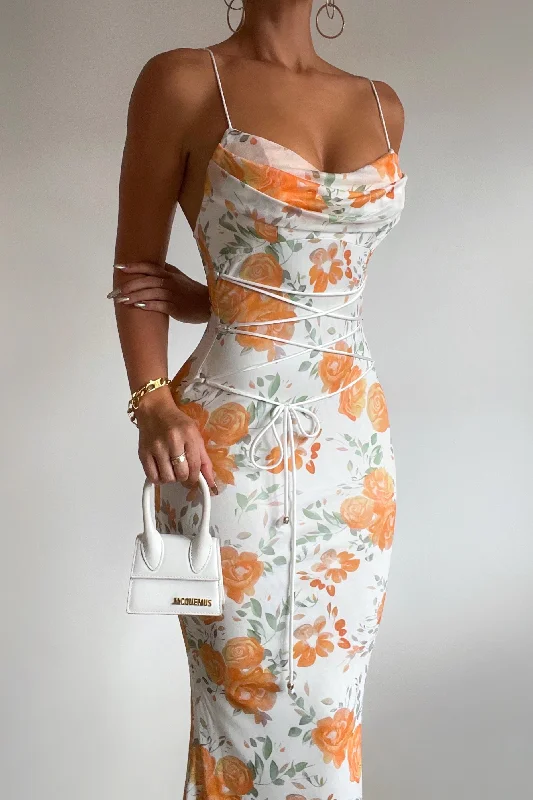 Bloom Floral Maxi Dress - White/Orange Stylish Longline Maxi Dress