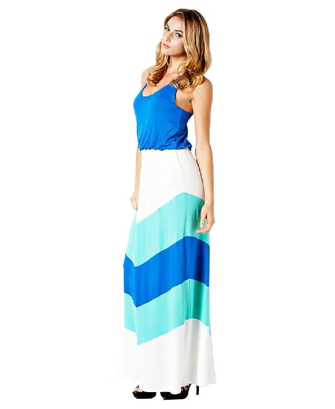 Blue Mint White Summer Chevron Colorblock Sleeveless Racerback Long Maxi Dress Chic Summer Maxi Dress