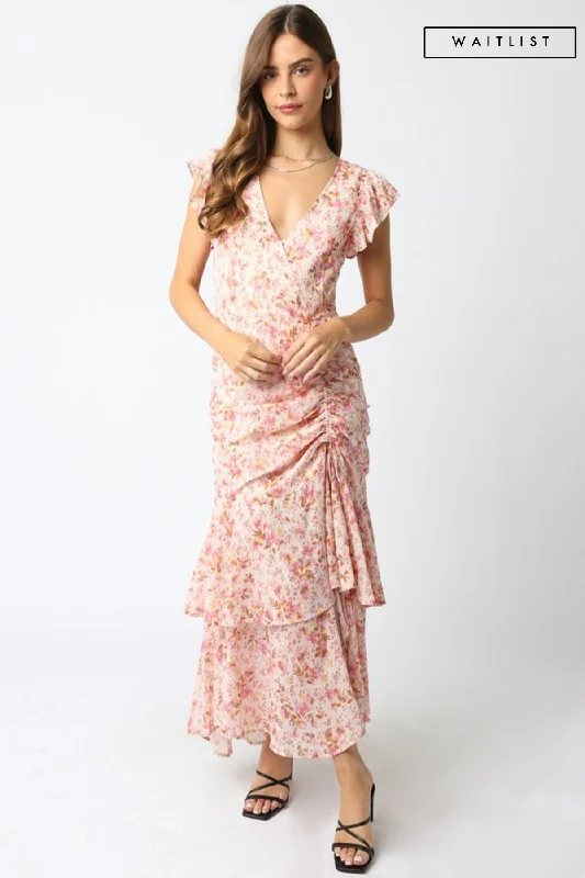 Waitlist 2/5 ♥ Carolina Short Sleeve Floral Print Shirred Maxi Dress Pink Fashionable Layered Maxi Dress