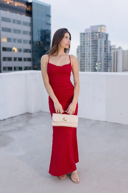 Chelsea Sleeveless Cowl Neck Ruched Maxi Dress Red Cozy Ribbed Maxi Dress