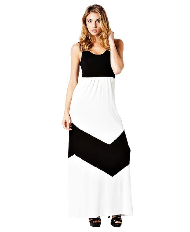 Colorblock Chevron Maxi Dress Black/White Fashionable Button-Down Maxi Dress