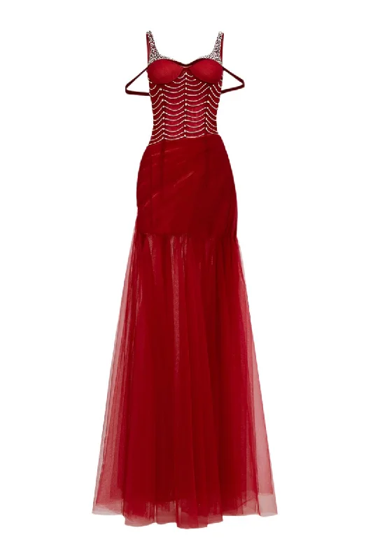 CRIMSON EMBELLISHED CORSET MESH MAXI DRESS IN RED Comfortable Casual Maxi Dress