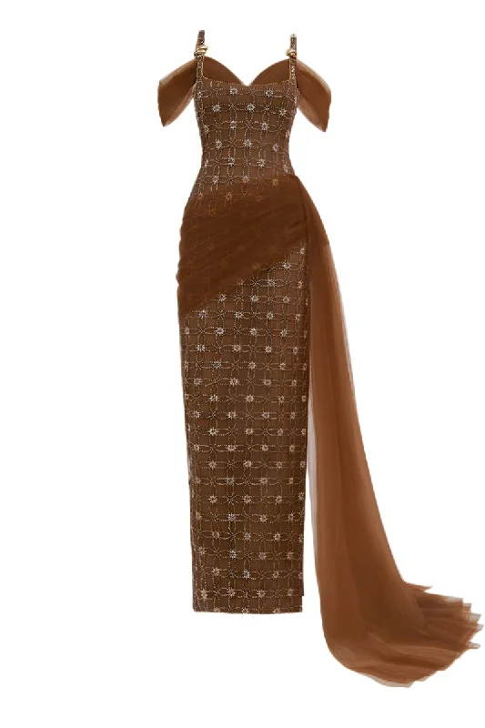 CRYSTAL MAXI DRESS IN BROWN Fashionable Chiffon Tiered Maxi Dress