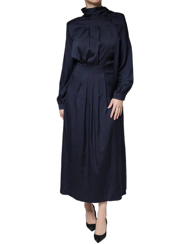 Dark Blue Long Sleeves Pleated A-line Maxi Dress Cozy Knit Maxi Dress