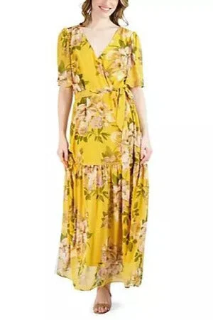 Donna Ricco V-Neck Flutter Sleeve A-Line Maxi Dress Elegant Lace-Up Maxi Dress