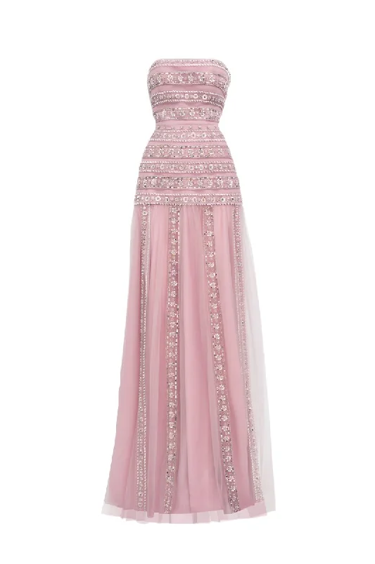 EMBELLISHED HOODED MESH MAXI DRESS IN DUSTY PINK Fashionable Asymmetrical Maxi Dress