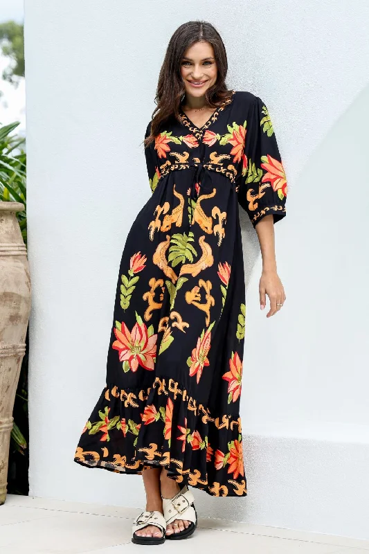 Macarena Spritz Maxi Dress | Black Print Cozy Longline Maxi Dress