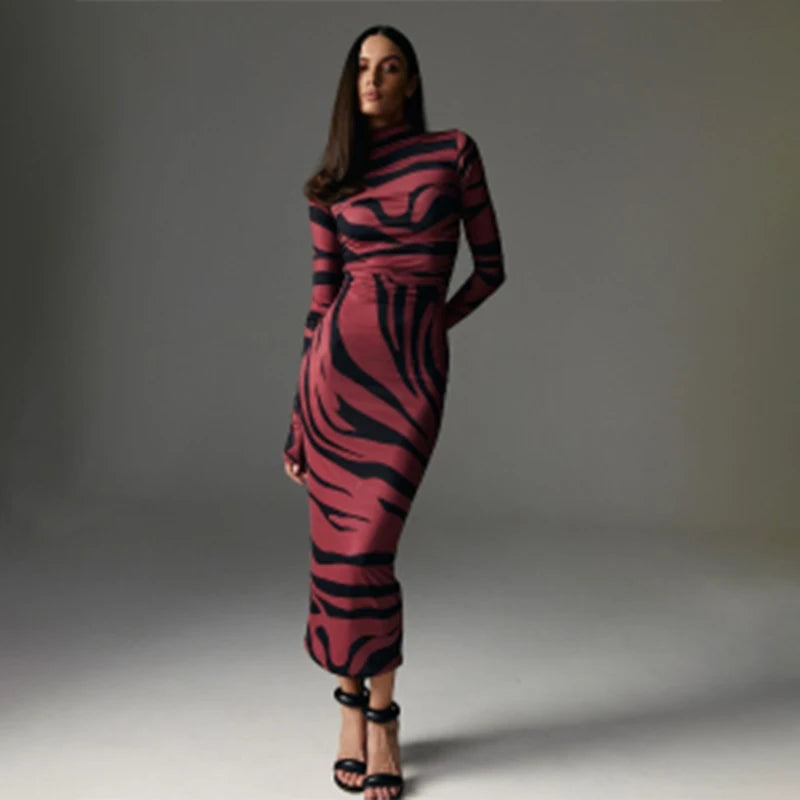 Fashion Maxi Dress Women Autumn Print Bodycon Long Sleeve Fashionable High-Low Maxi Dress