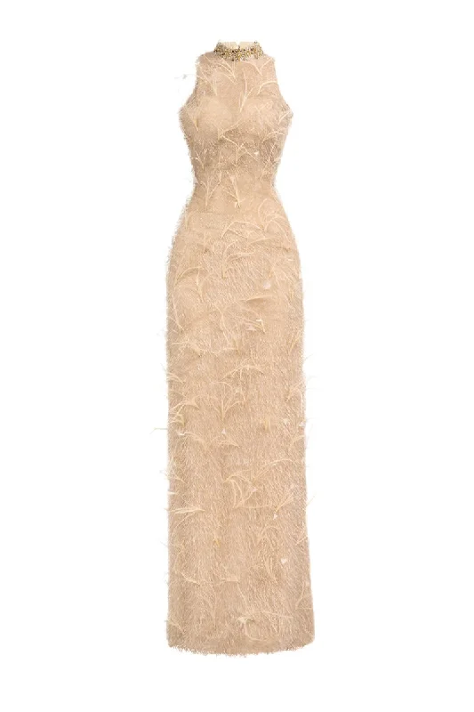 FEATHER MAXI DRESS IN BEIGE Stylish Pleated A-Line Maxi Dress