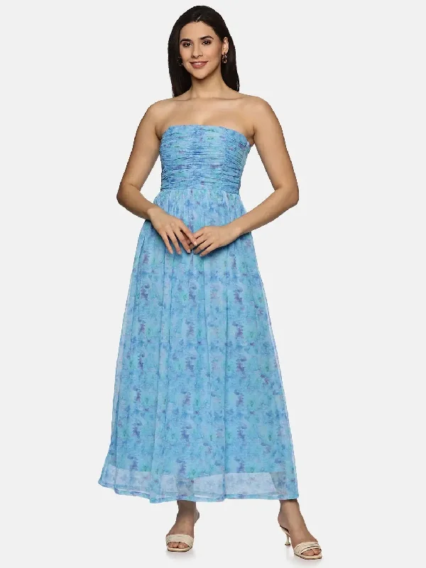 Floral Blue Front Gathered Maxi Dress-17349 Classic Tulle Maxi Dress