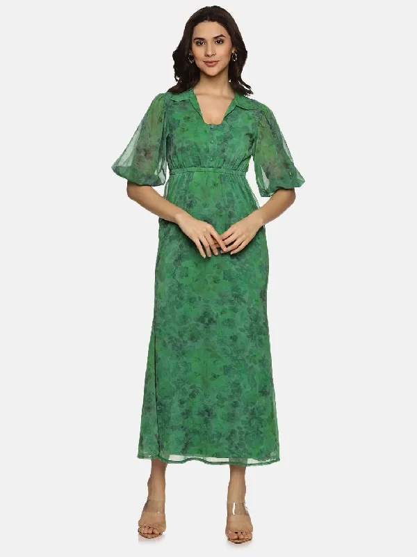 Floral Green Shirt Collared Maxi Dress-17347 Comfortable T-Shirt Maxi Dress