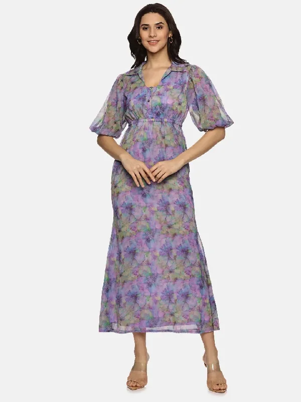 Floral Lavender Shirt Collared Maxi Dress-17346 Trendy Floral Print Maxi Dress