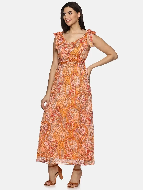 Floral Orange Tie-up Detailed Maxi Dress-17350 Chic Boho Print Maxi Dress