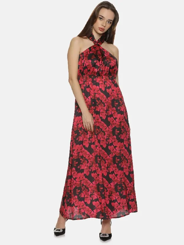 Floral Red Halter Maxi Dress-17298 Elegant Maxi Dress with Belt