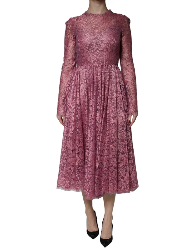 Fuchsia Floral Lace Long Sleeve Maxi Dress Stylish V-Neck Maxi Dress