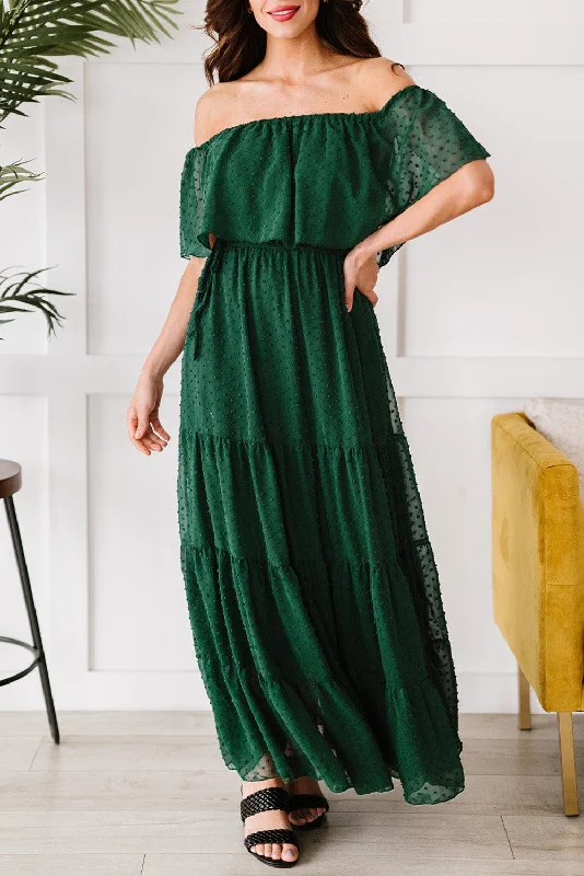 Verde Sunshine Off-Shoulder Swiss Dot Maxi Dress Cozy Cold-Shoulder Maxi Dress