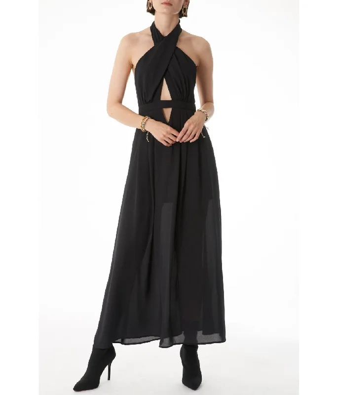 Ivi Tie Around Cross Halter Neck with Pleated Front Panel Maxi Dress Black Fashionable Sleeveless Maxi Dress