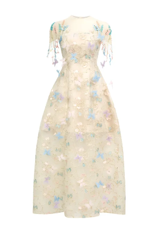 IVORY FLORAL ORGANZA MAXI DRESS WITH COLORFUL BUTTERFLIES IN WHITE Comfortable Bohemian Maxi Dress