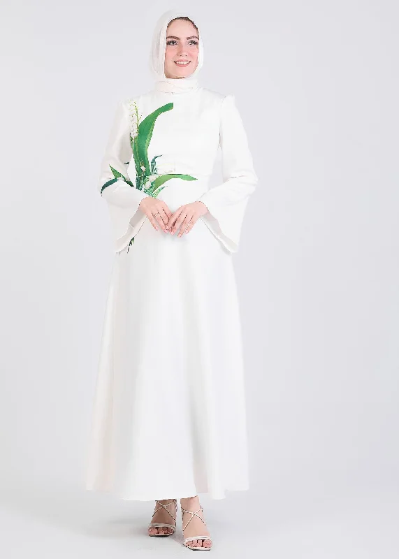 Aseel Lily-Inspired Flared Sleeve Maxi Dress in Ivory Crepe Chic Button-Up Maxi Dress