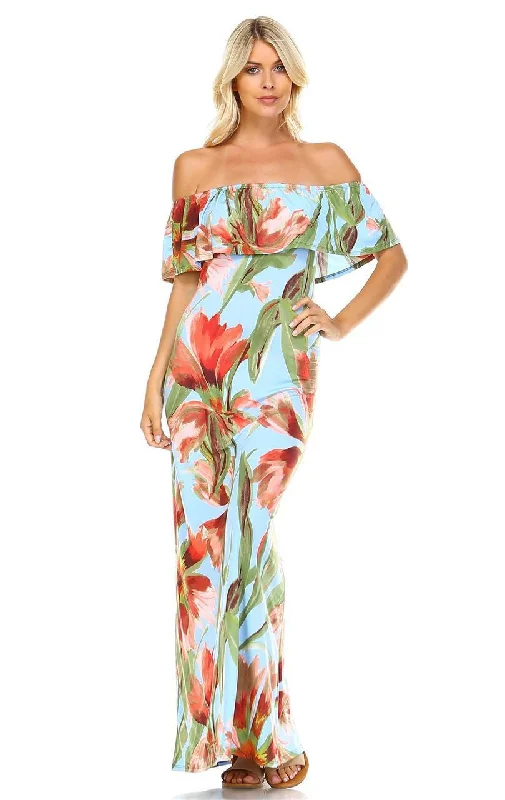 Off The Shoulder Fitted Maxi Dress Floral Flower Blue Classic Strapless Maxi Dress