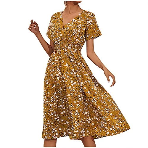 Ladies Summer Casual Short Sleeve V-Neck Floral Dresses Slim Dress UK Size Evening Gowns Work Maxi Dress Party Elegant Boho Maxi Dress