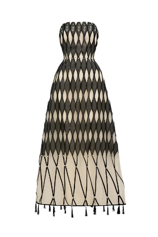 LATTICE STRAPLESS MESH MAXI DRESS IN BLACK AND WHITE Fashionable Sheer Maxi Dress