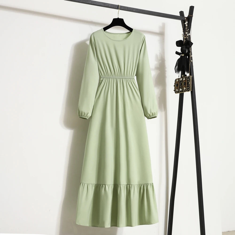 Long Sleeve Green Maxi Dress with Ruffle Hem Fashionable Maxi Dress with Fringe