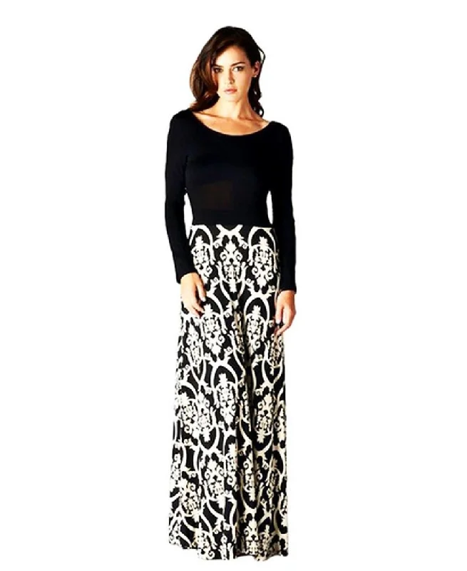 Long Sleeve Scoop Neck Black Minimalist Baroque Style Maxi Dress Stylish Longline Maxi Dress