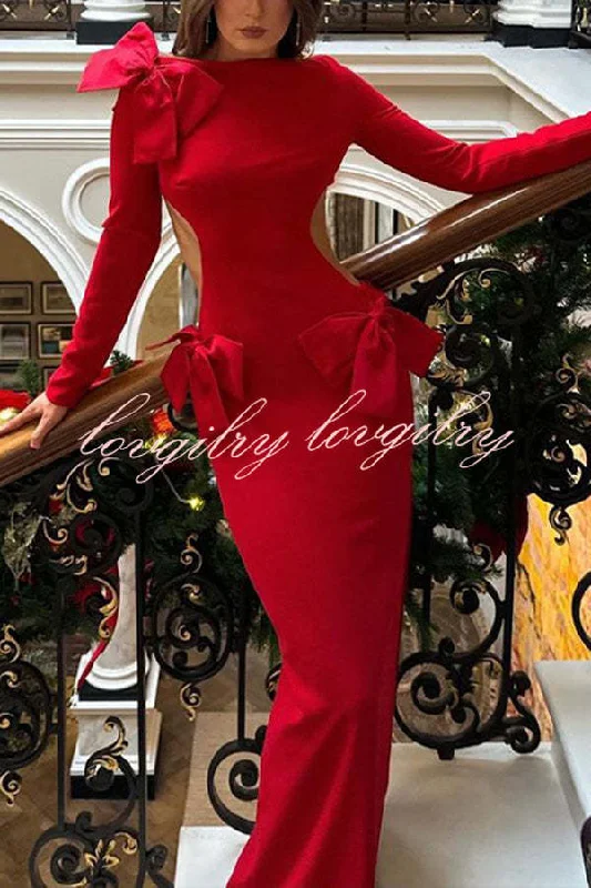 Lovely Bow Cutout Button Back Zipper Long Sleeve Maxi Dress Comfortable Satin Maxi Dress