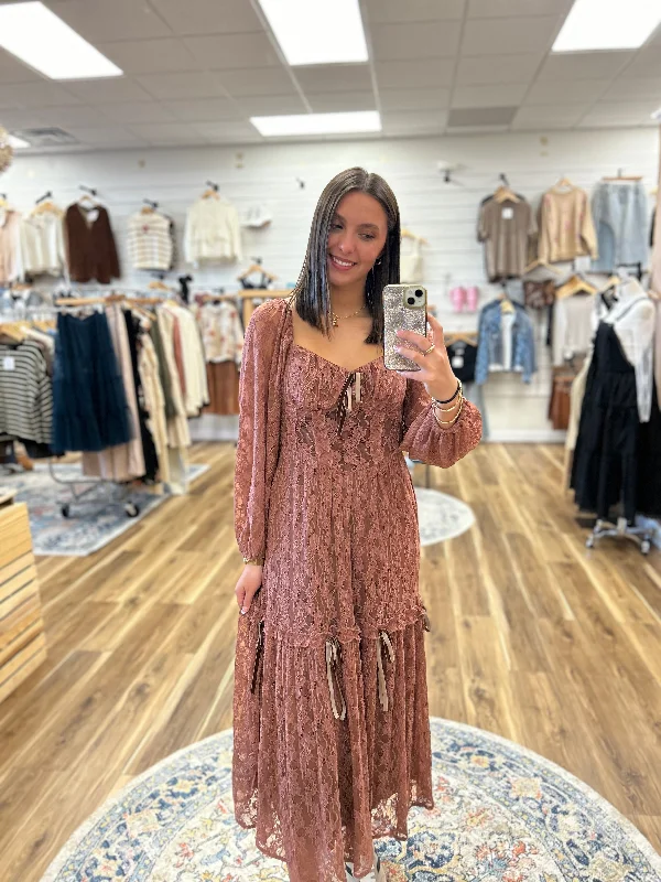 Lucy Lace Rosewood Maxi Dress Cozy Cold-Shoulder Maxi Dress