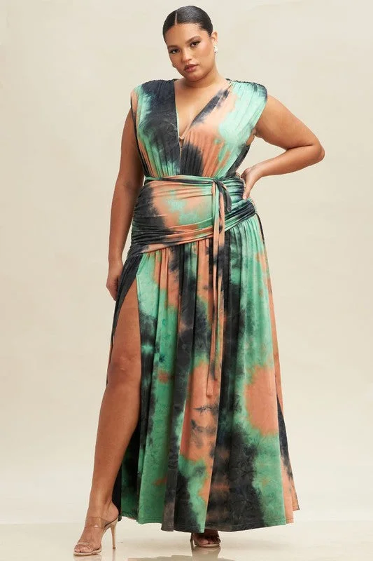 Meet Me In Greece Tie Dye Jersey Ruched Plus Size Maxi Dress Cozy Maxi Dress with Slit