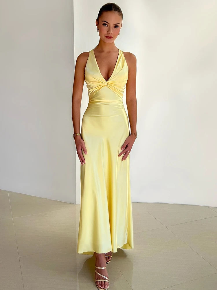 Cinessd Satin Bow Backless Sexy Maxi Dress For Women Gown Fashion V Neck Sleeveless Club Party Evening Dress Elegant Comfortable Pleated Maxi Dress